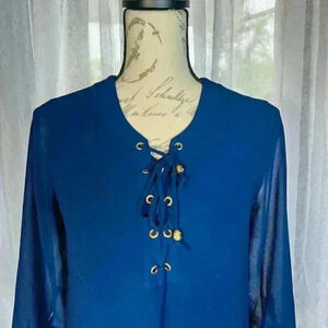 BCX DRESS Size M Womens Blue Lined Tie front Pullover 3/4 sleeve tunic